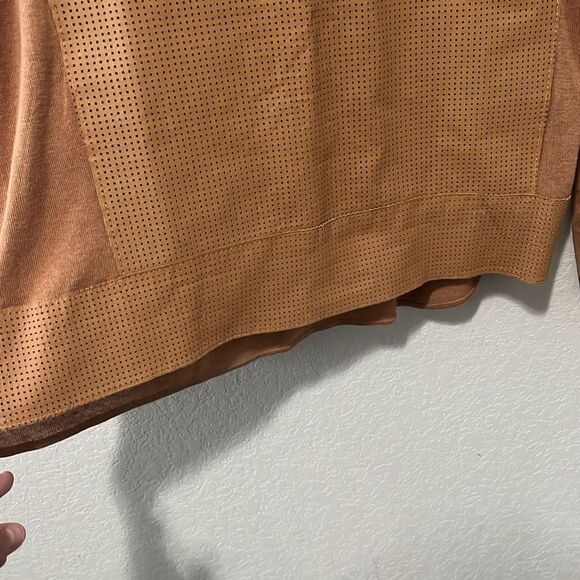 NEIMAN MARCUS Perforated Leather Front and Silk Cognac Long Sleeve Shirt, Size M - Picture 6 of 8